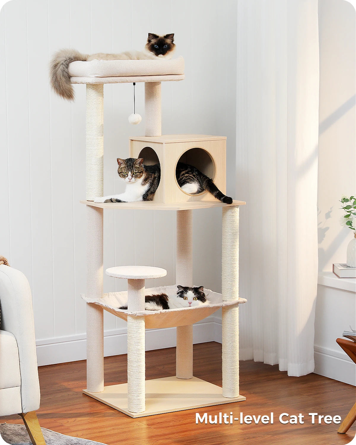 Multi-Level Cat Tree Condo with Sisal Scratching Posts Wood Cat Tree for Indoor with Cozy Condo Super Large Hammock Plush Perch