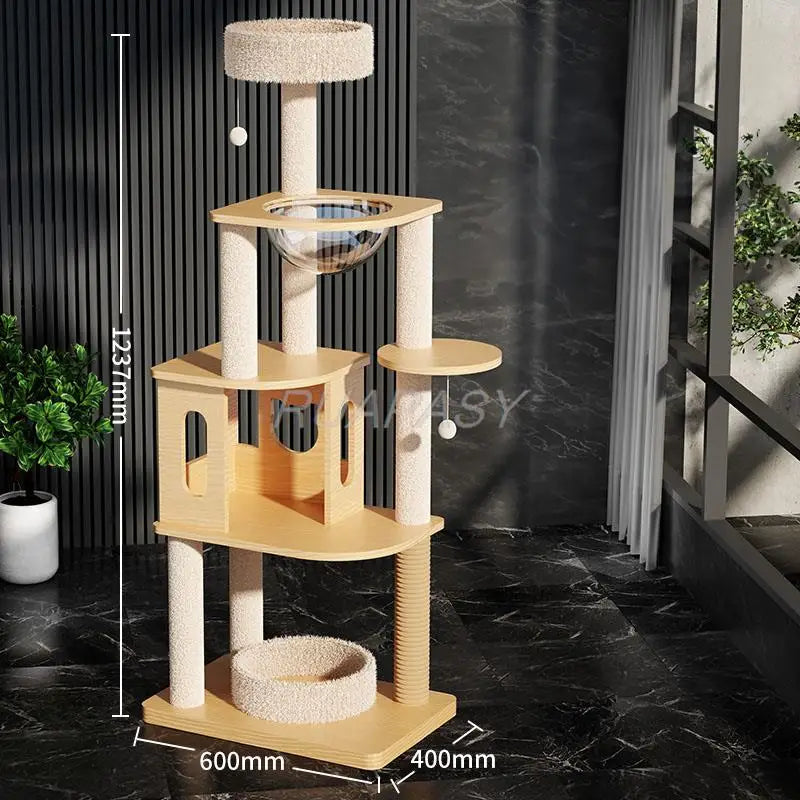 Multi-Level Wood Space Capsule Cat Tree Climbing Toys Post Condo Sisal Cat Tree Shelf Scratching Jumping Platform Perch Tower