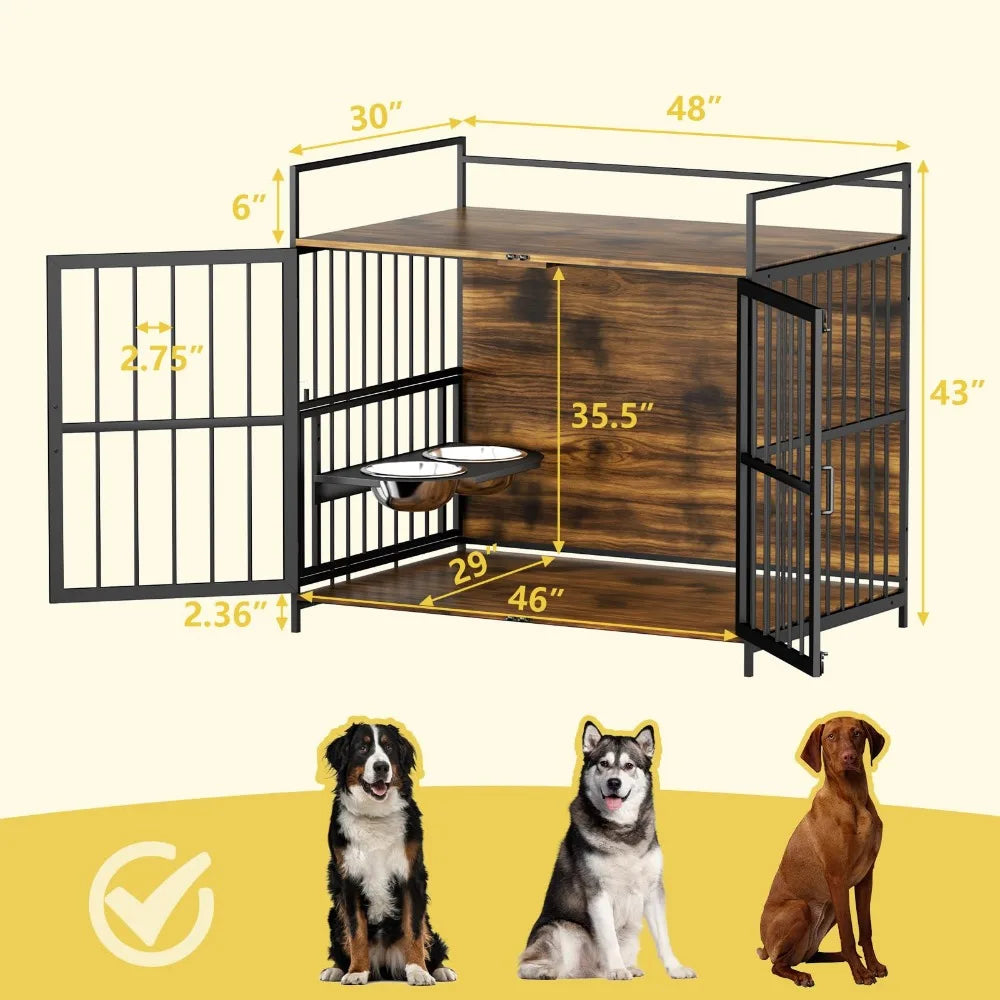 2024 New Dog Crate with Two 360° & Adjustable Stainless Steel Bowls, End Table Dog House, Dog Kennels Indoor Use