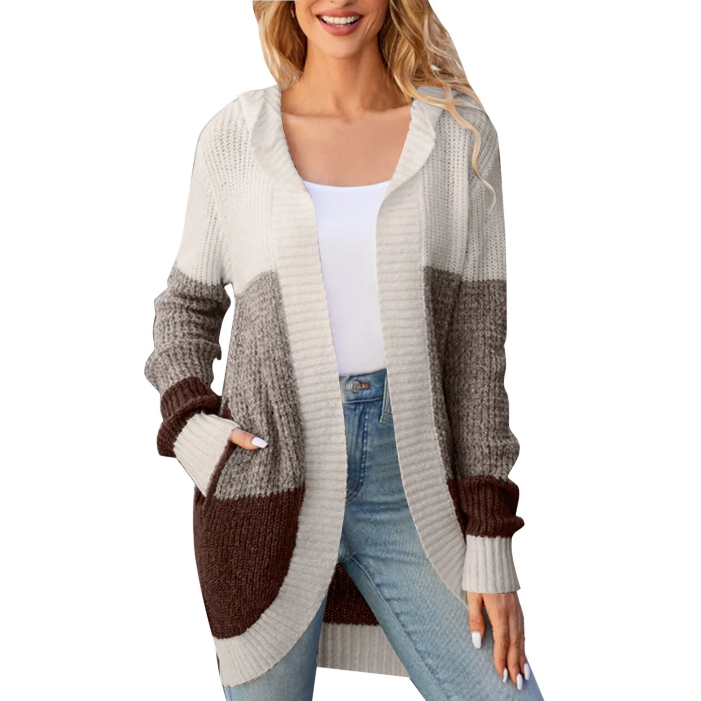 Mid Length Hooded Knitted Tops Cardigan Coat Autumn And Winter Color Contrast Sweaters Casual Outerwear Womens Clothing кардиган