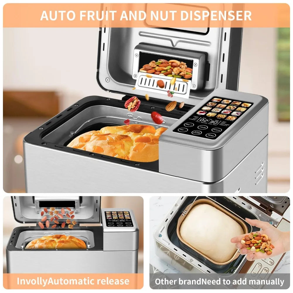 2023 New 2.2LB Stainless Steel Bread Maker with Fruit and Nut Dispenser