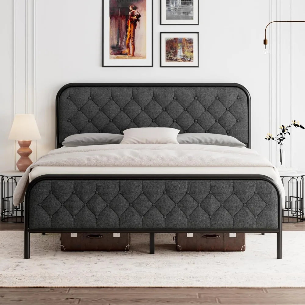 Queen Size Bed Frame with Linen Upholstered Headboard, Heavy Duty Metal Platform Bed with 12" Under-Bed Storage Space