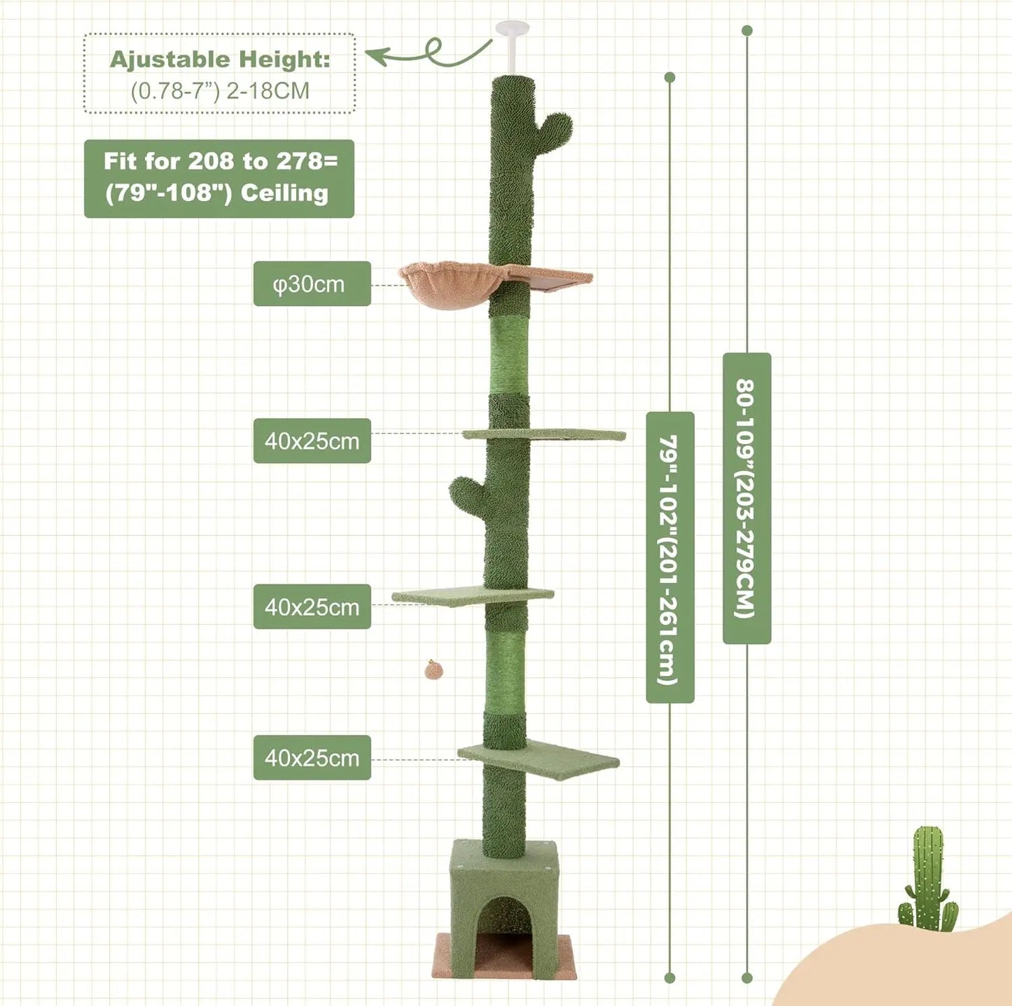 Cat Tree Ajustable Height [82-108 Inches=208-275cm] 6 Tiers Tower Fit for 7-9 Feet Ceiling