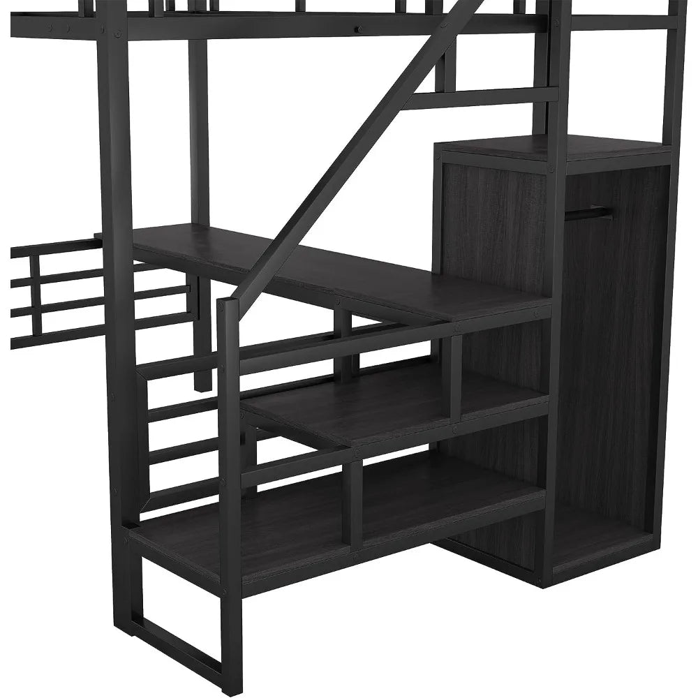 Staircase Full Size Loft Bed with Built-in Desk & Wardrobe,Sturdy Bedframe w/Storage & Safety Guardrail