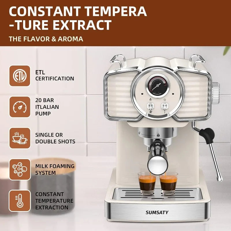 SUMSATY Espresso Coffee Machine 20 Bar, Retro Espresso Maker with Milk Frother Steamer Wand for Cappuccino, Latte, Macchiato,