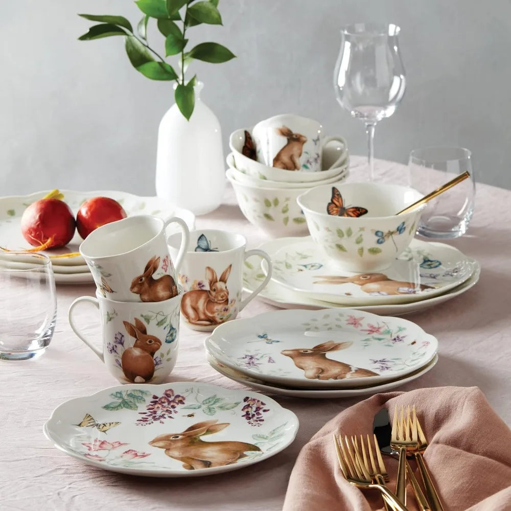 Multicolor Dinner Plate 16-Piece Dish Butterfly Meadow Bunny Plates Dinner Sets Kitchen Dishes Complete Tableware Dining Bar