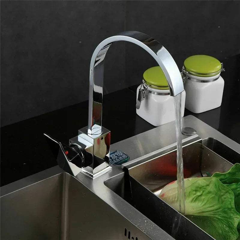 Stainless Steel Kitchen Faucet Single Square Flat Tube Hole Hot and Cold Kitchen Sink Mixer Tap 360 Degree Rotation Water Faucet