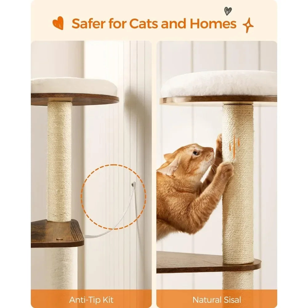 Tree for Cats 65-Inch Modern Cat Tower for Indoor Cats Multi-Level Cat Condo With 5 Scratching Posts Washable Removable Cushions