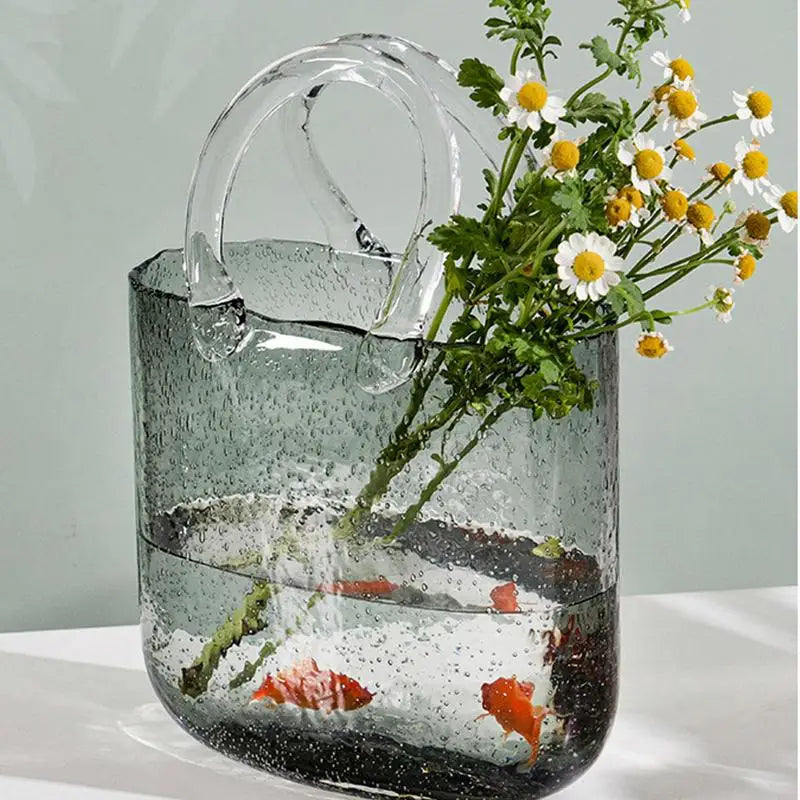 Handbag Shape Clear Vase Mini Crystal Fish Tank Desktop Glass Basket Vase For Home Decor/Enterpiece/Events/Office/Garden/Wedding