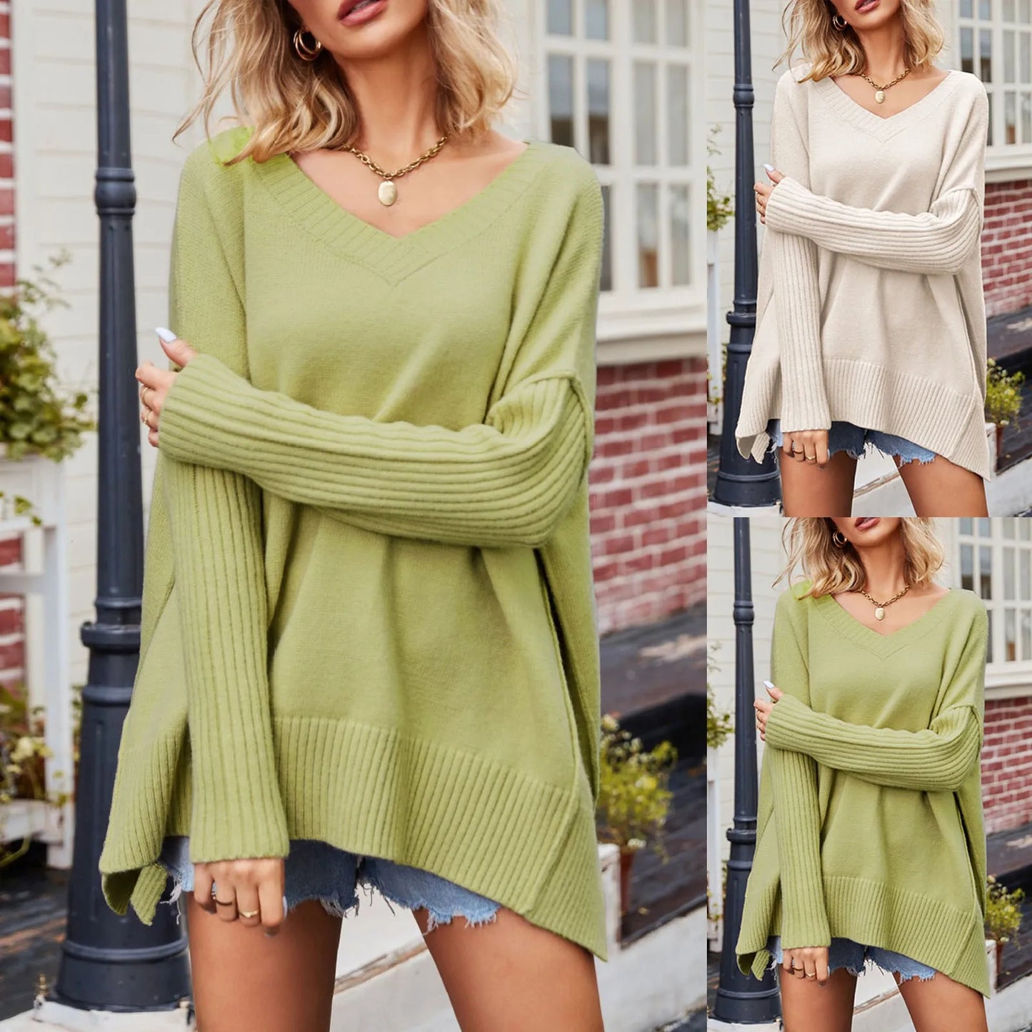 Casual Knitted Sweater Women's Loose V Neck Jumper Side Split Pullover Sweater Autumn Winter Knitwear Ladies Warm Sueter куртка