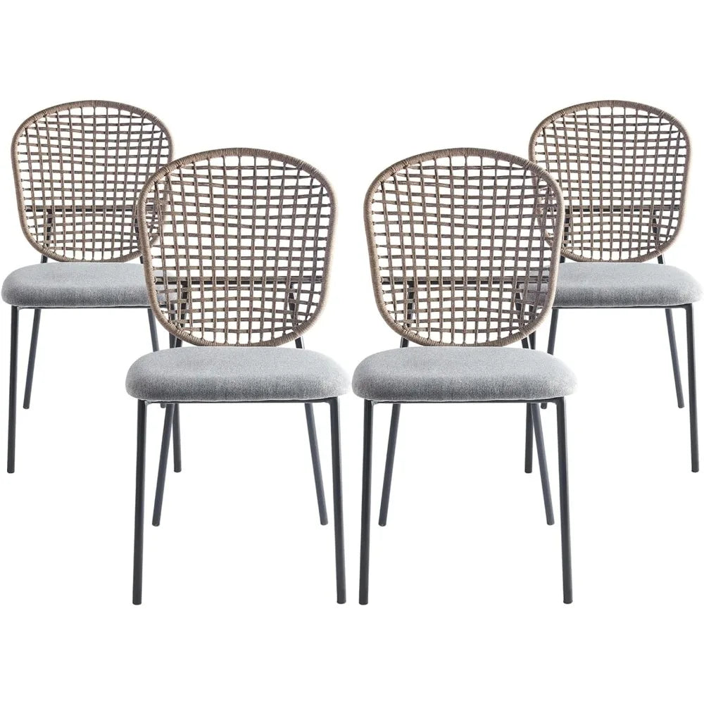 French Country Dining Chairs with Woven Backrest, Metal Legs Upholstered Accent Side Chairs for Living Room Kitchen Set of 4