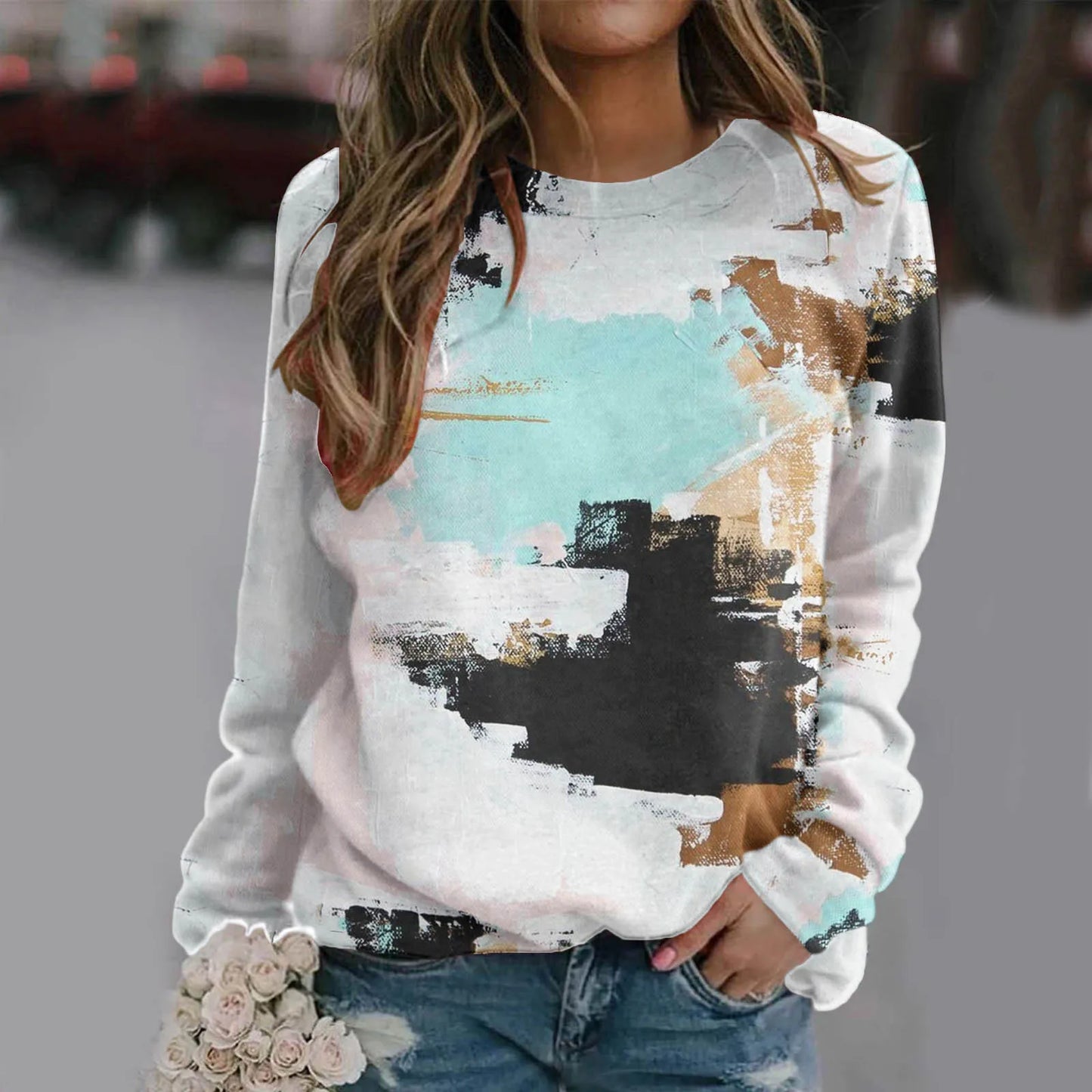 Women Casual Tie Dye Printing Sweatshirt Top Long Sleeved Sweatshirt Casual Pullover Top Color Sleeve