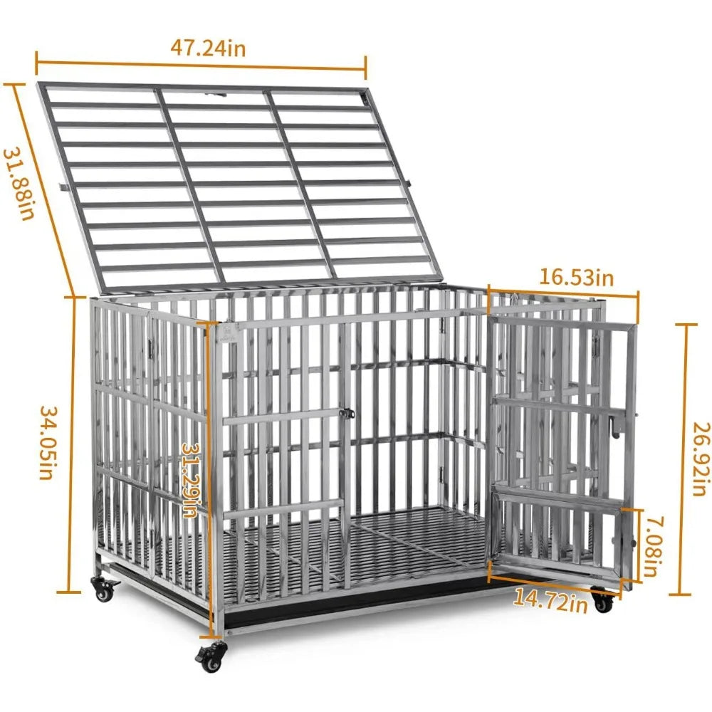 RyBuy 48" Stackable Heavy Duty Dog Crate Pet Stainless Steel Kennel Cage for Large Dogs with Tray in-Door Foldable & Portable