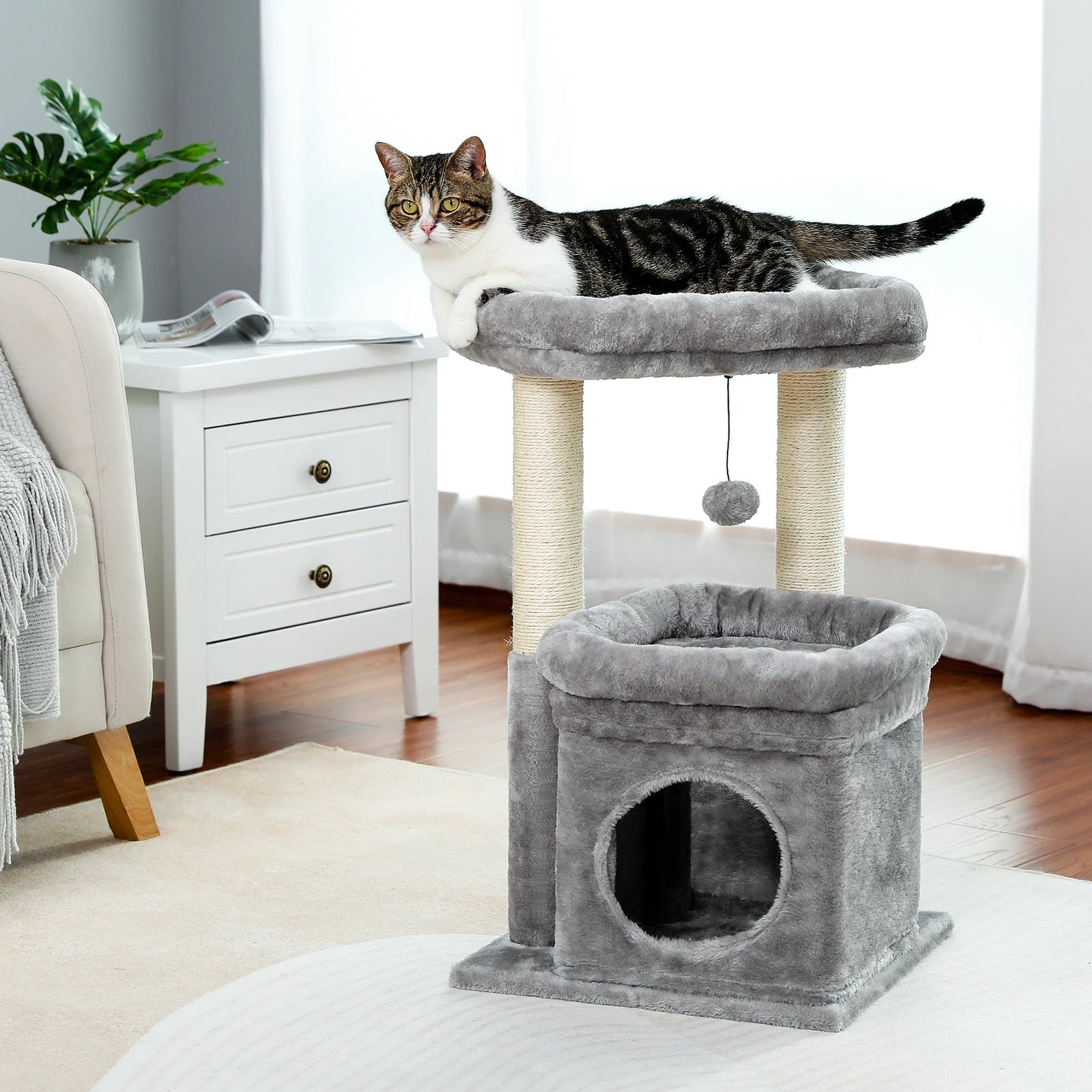 Cat Tree Cat Tower for Indoor Cats with Private Cozy Cat Condo Natural Sisal Scratching Posts and Plush Pom-pom for Small Cats