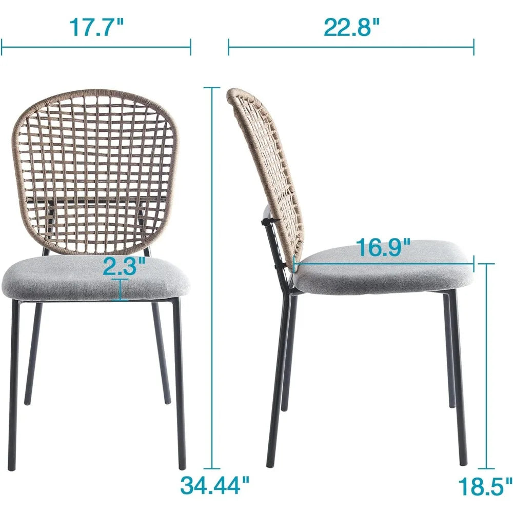 French Country Dining Chairs with Woven Backrest, Metal Legs Upholstered Accent Side Chairs for Living Room Kitchen Set of 4