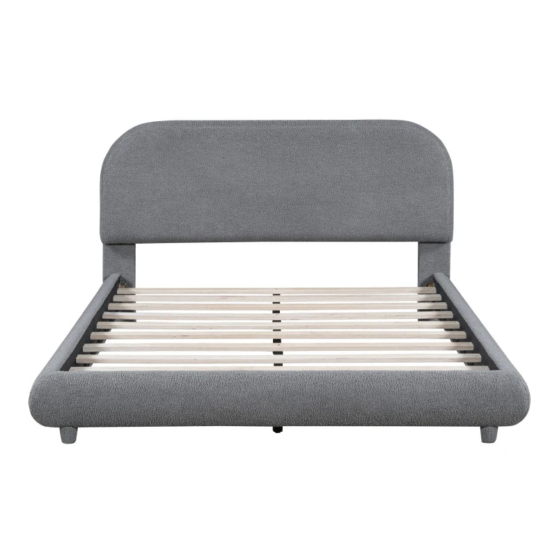 Teddy Fleece Full/Quee Size Upholstered Platform Bed with Thick Fabric, Solid Frame and Stylish Curve-shaped Design, Gray