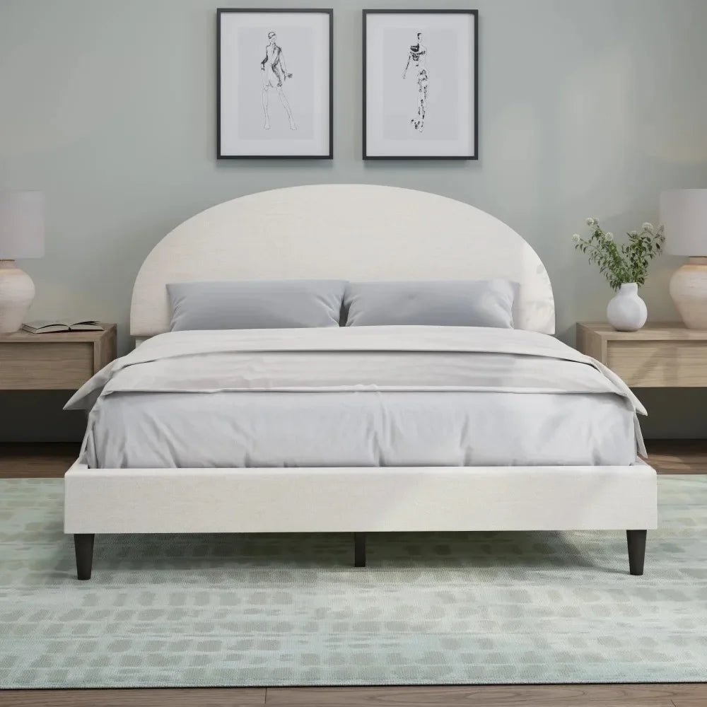 Bed Frame, Hycliff Half Moon Upholstered Queen Platform Bed, Ivory Wooden Fabric Bed Frame