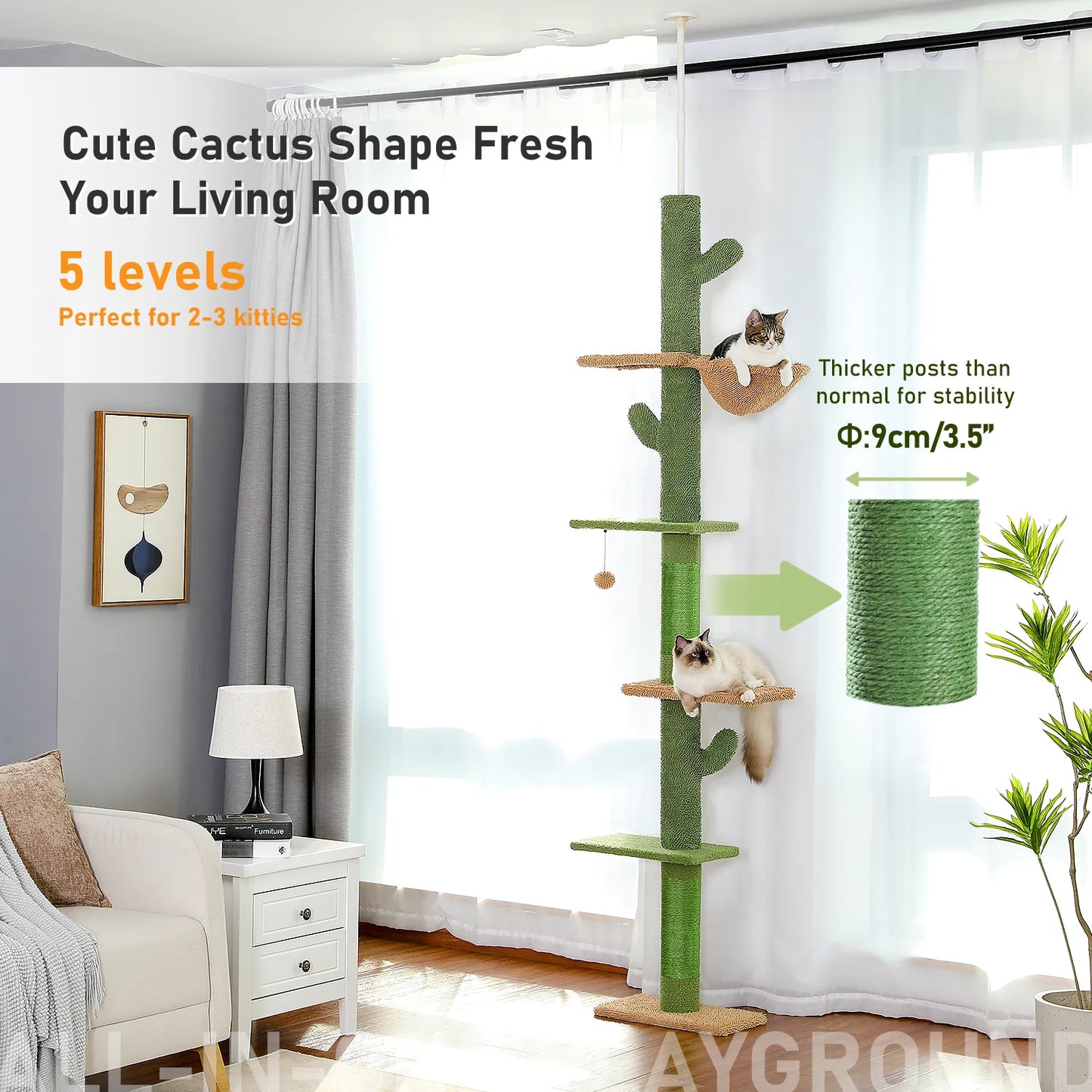 5-Tier Floor to Ceiling Cat Tree Tower Cactus Tall Climbing Tree with Scratching Post Hammock Dangling Ball for Indoor Cats