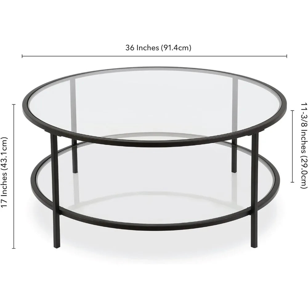 Henn&Hart 36" Wide Round Coffee Table with Glass Top in Blackened Bronze, Modern coffee tables for living room, studio