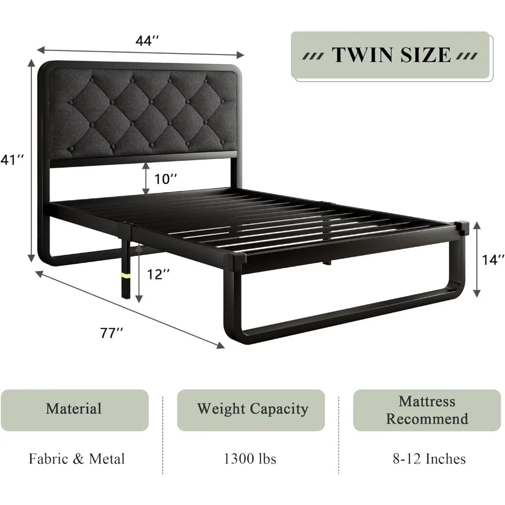 Twin Size Bed Frame, Upholstered Platform Bed Frame with Heavy-Duty Metal Steel Slats, Diamond Linen Headboard,12" Storage Space