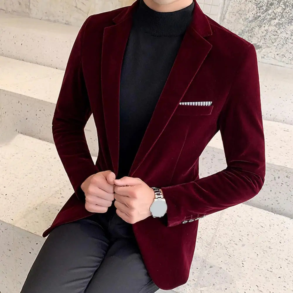 Stylish Men Blazer Temperament Suit Jacket Slim Fit Single Button Velvet Lapel Suit Coat