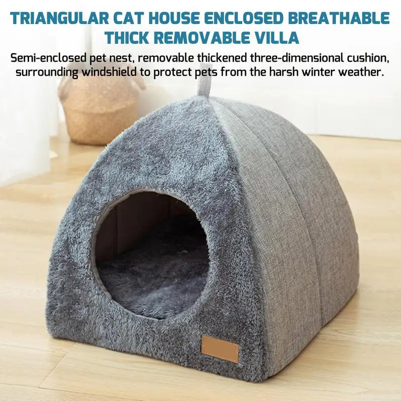 Plush Foldable Dog Cat Bed Non-slip Pet Kennel Gray Kitten House Indoor Semi-enclosed Sleeping Cats Cave Bed for Small Dogs Tent