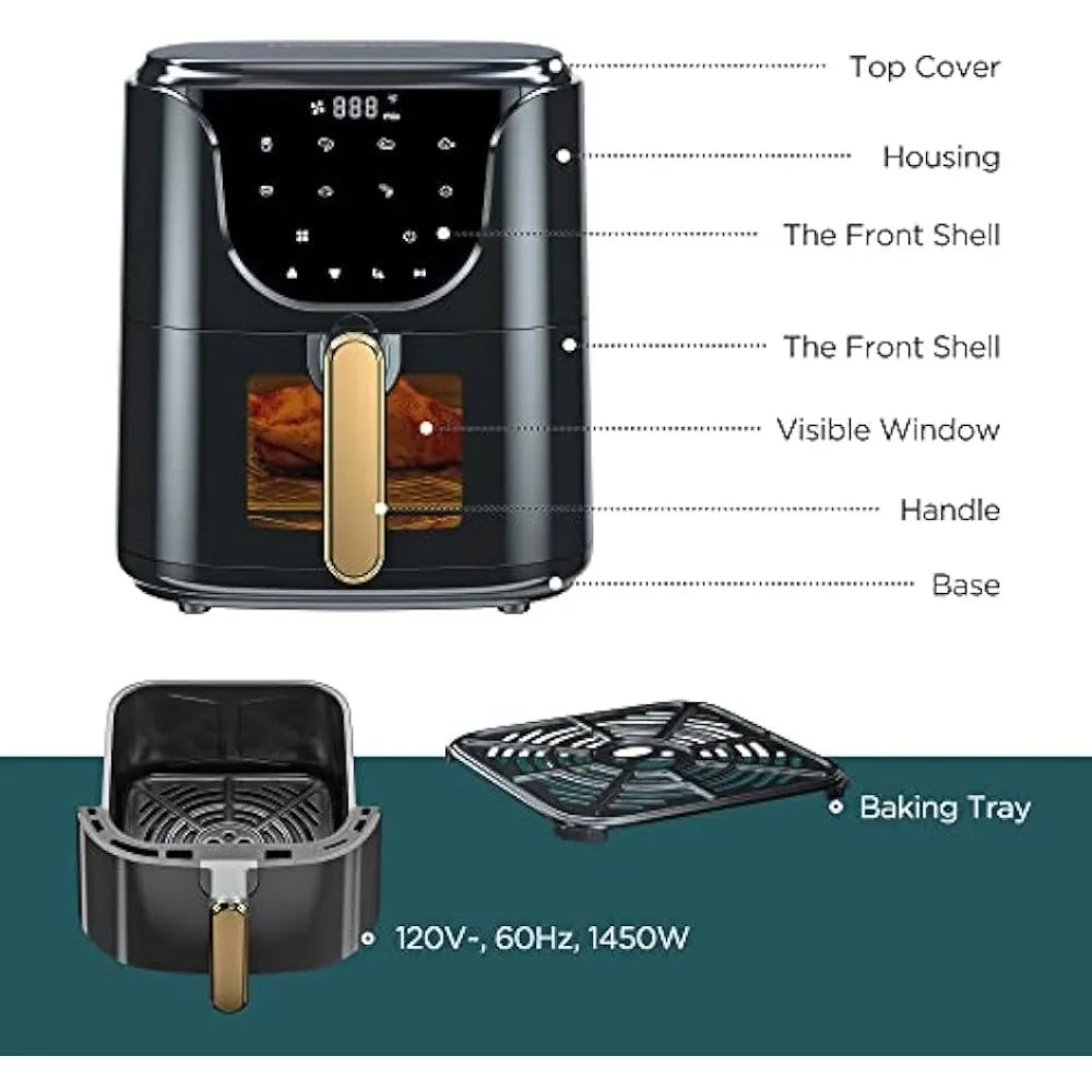 2023 HAUSHOF 5.8QT Air Fryer Small Oven, Digital Oil-Less Cooker 1450W Airfryer, 8 Presets Cooking Functions, with Nonstick Tray