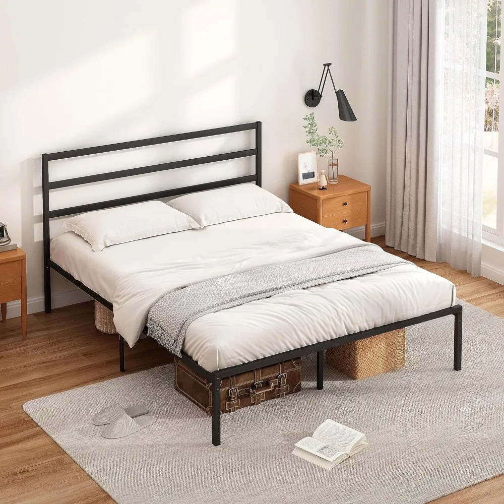 Bed Frame with Headboard, Sturdy Heavy-duty Metal Slats To Support The Mattress, No Springs Required, Easy To Assemble, Black