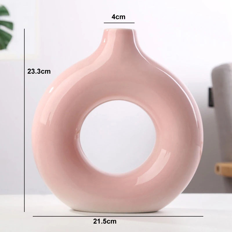 Nordic Vase Circular Hollow Ceramic Donuts Flower Pot Home Living Room Decoration Accessories Interior Office Desktop Decor Gift