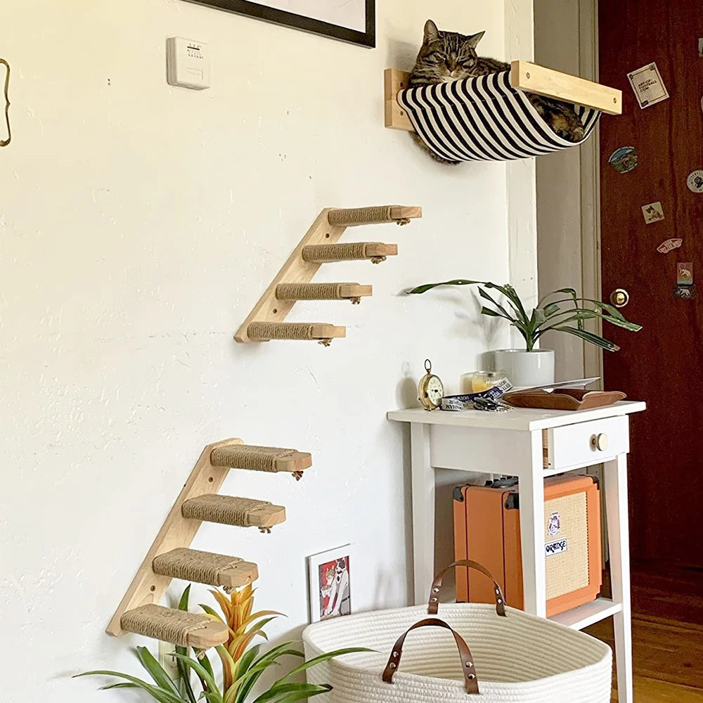 Cat Climbing Shelves Wall Mounted Cat Tree Wooden Furniture Scratcher Jumping Platform Rope Ladder Cat Sleeping and Playing