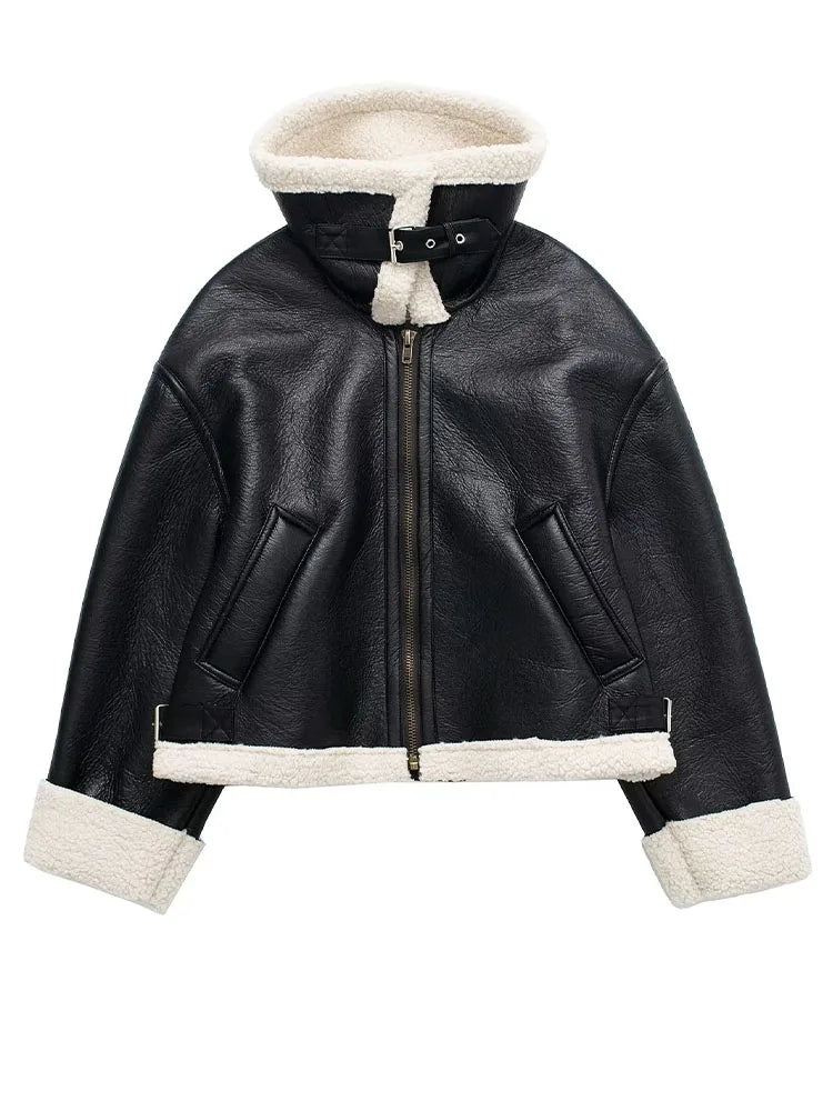 Fleece Leather Short Jacket Women Autumn Winter Moto Biker Zipper Coat Female Vintage Loose Long Sleeve Warm Thick Outwear Tops