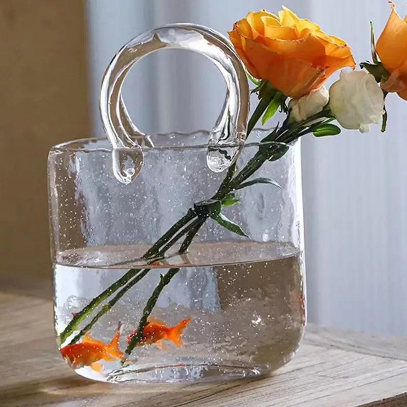 Handbag Shape Clear Vase Mini Crystal Fish Tank Desktop Glass Basket Vase For Home Decor/Enterpiece/Events/Office/Garden/Wedding