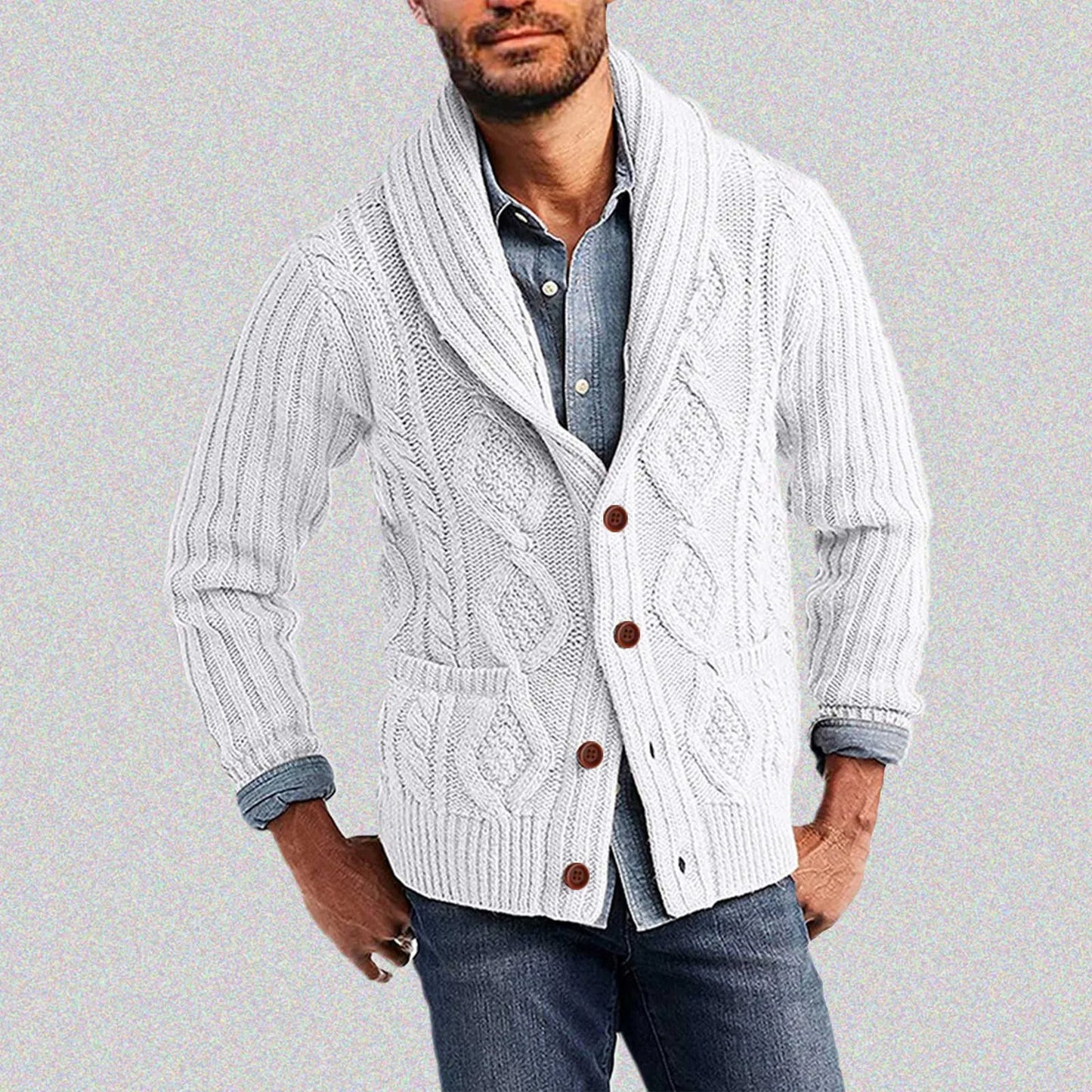 2023 Men's Cardigan Sweater Autumn Winter Fashion Solid Shawl Collar Cardigans Button Down Cable Knitted Sweater Casual Coat