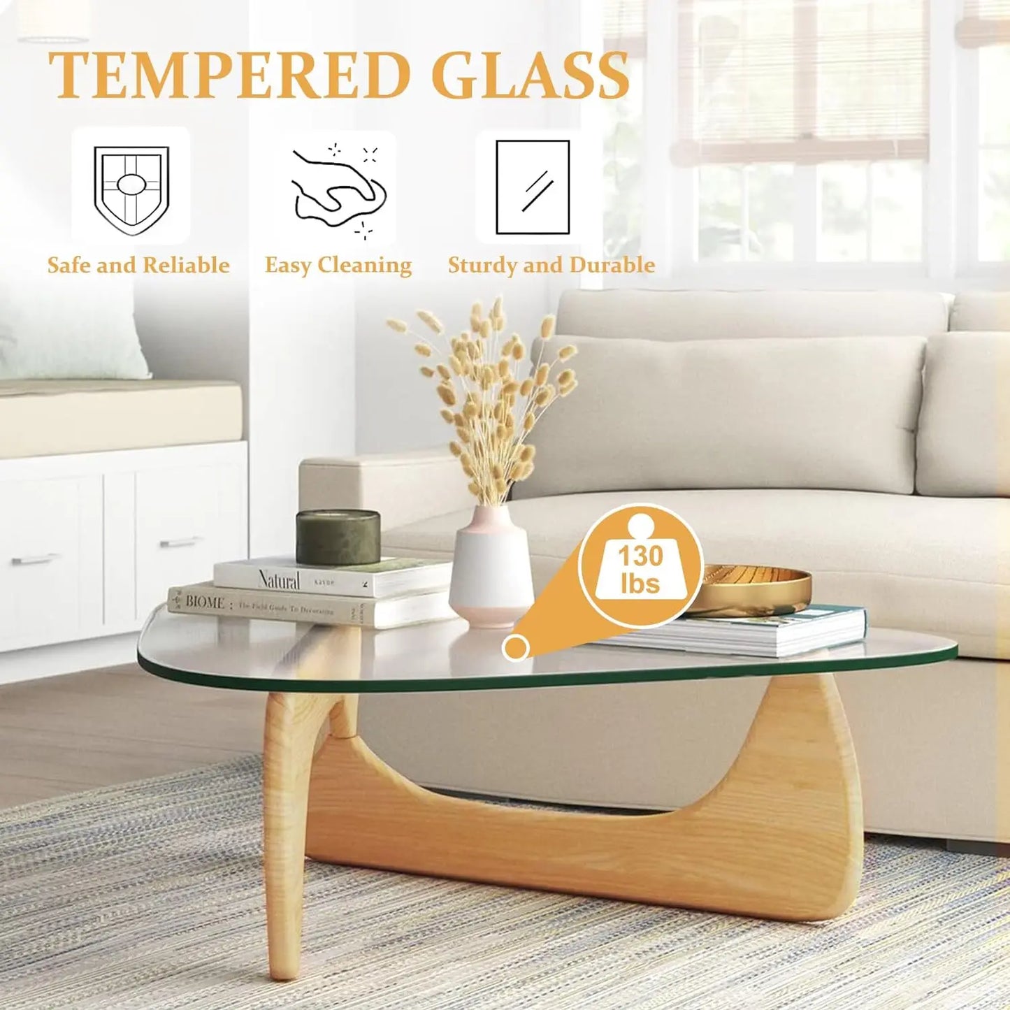 Modern Coffee Table Triangle Glass Top Natural Wood Base Triangle Coffee Table for Living Room Patio Office Abstract End Tables