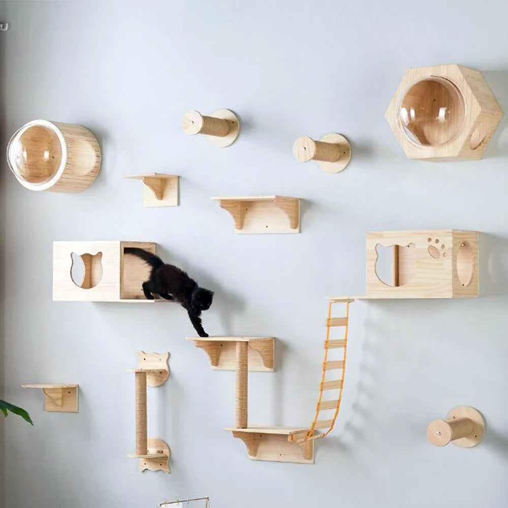 Wall Mounted Cat Climbing Shelves Wooden Furniture Scratcher Jumping Platform Rope Ladder Cat Sleeping and Playing