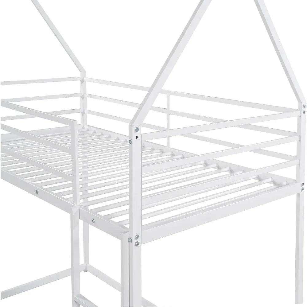 Twin Over Twin Junior Metal Floor Bunk Bed, Twin Size House Bunk Bed Frame with Ladder and Roof for Kids Boys Girls