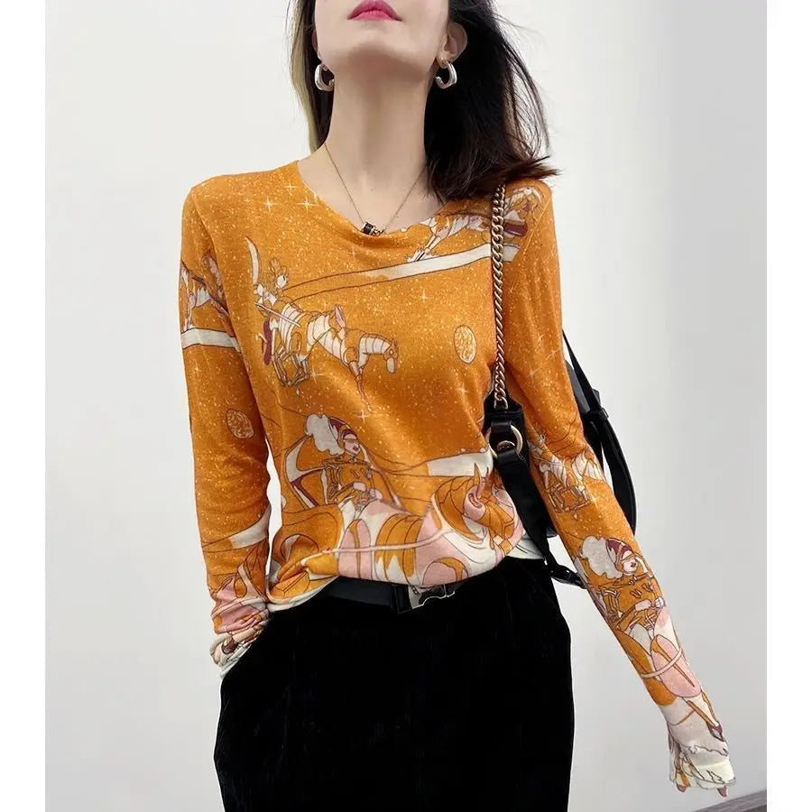 Spring Summer Long Sleeve Pure Cotton Round Neck Vintage Pattern Printing New Popular Women's Clothing Straight T-Shirts Thin