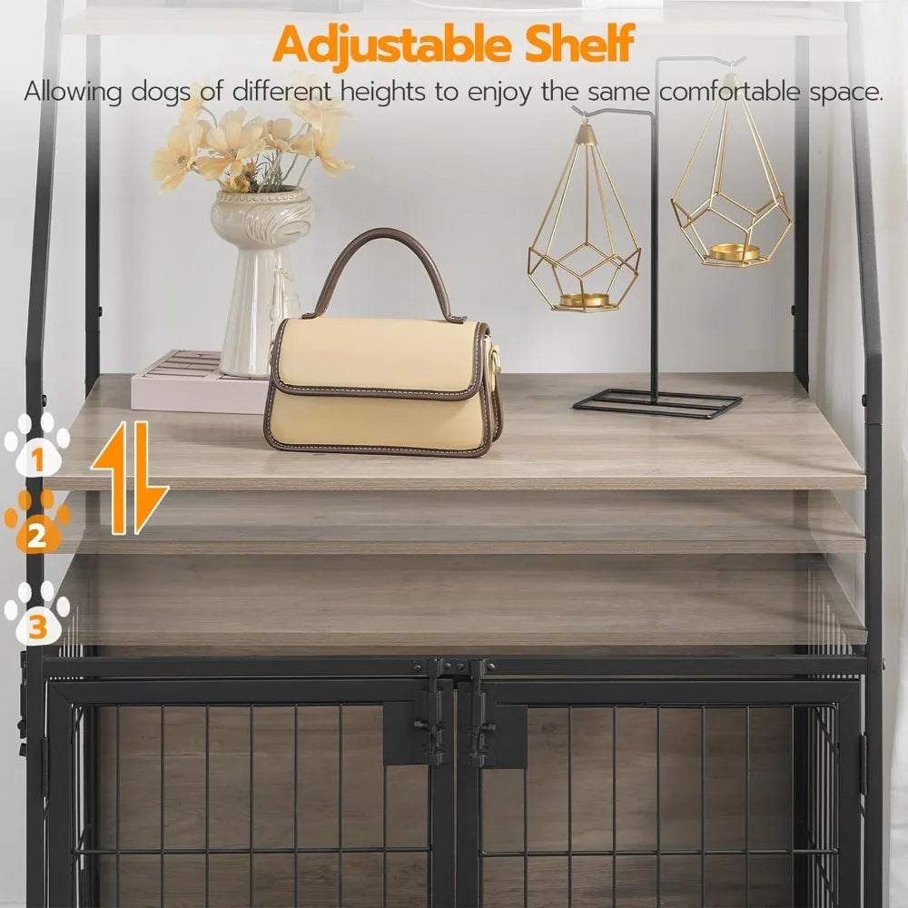 Dog kennel furniture with charging station, wooden kennel with adjustable storage shelves,indoor kennel with chewable metal mesh