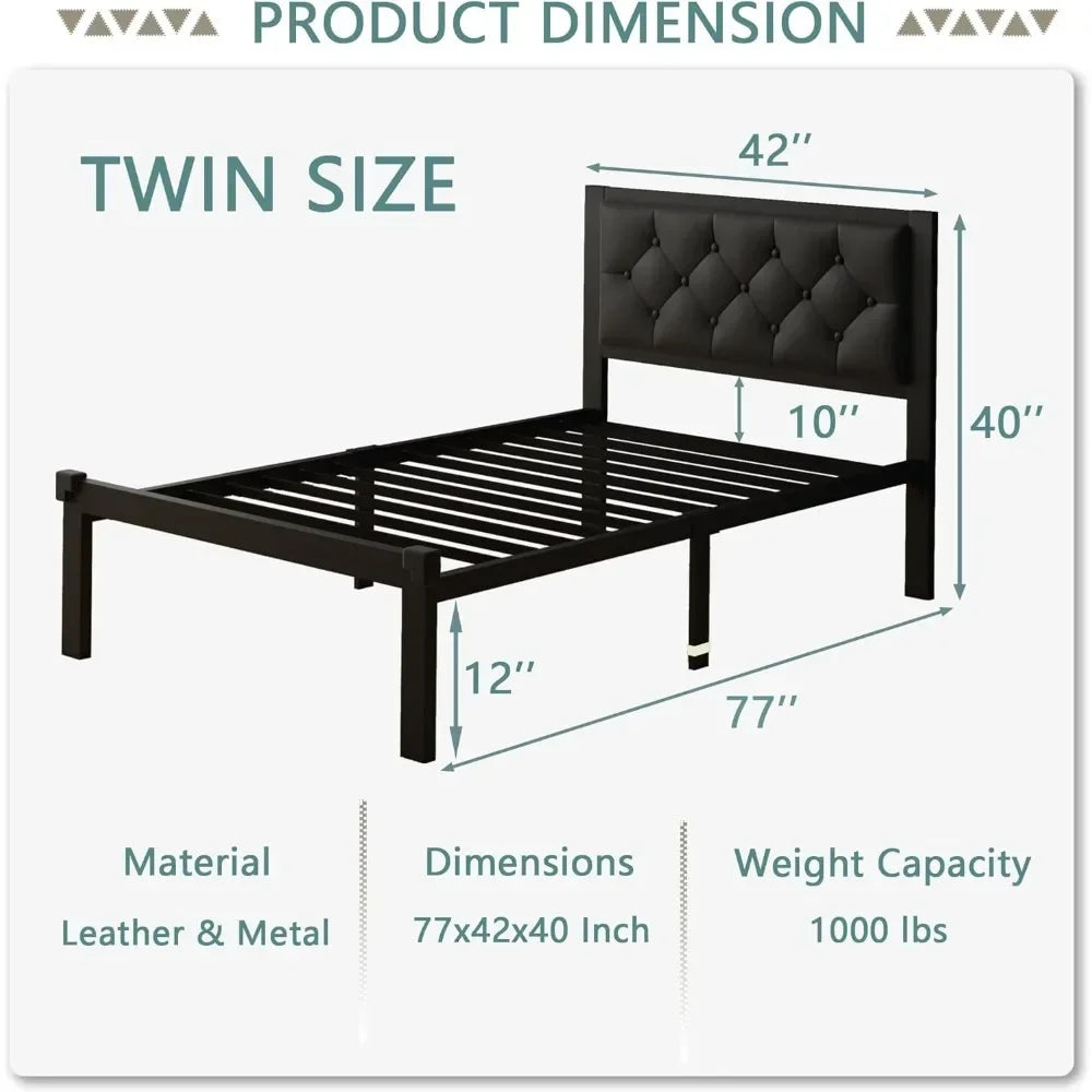 Twin Size Metal Bed Frame with Faux Leather Button Tufted Headboard, Heavy-Duty Platform with 12" Storage,Black Bed Frame