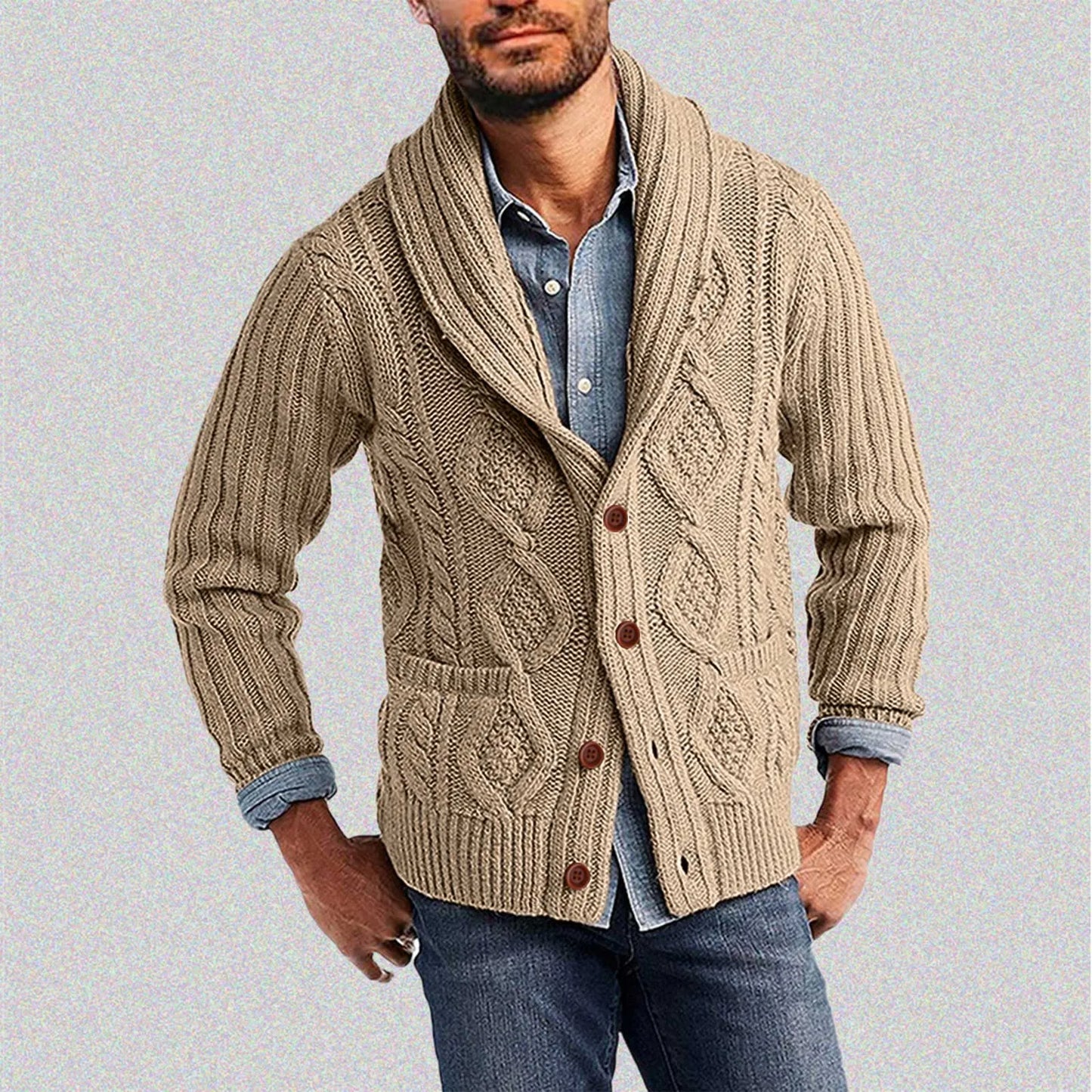 2023 Men's Cardigan Sweater Autumn Winter Fashion Solid Shawl Collar Cardigans Button Down Cable Knitted Sweater Casual Coat