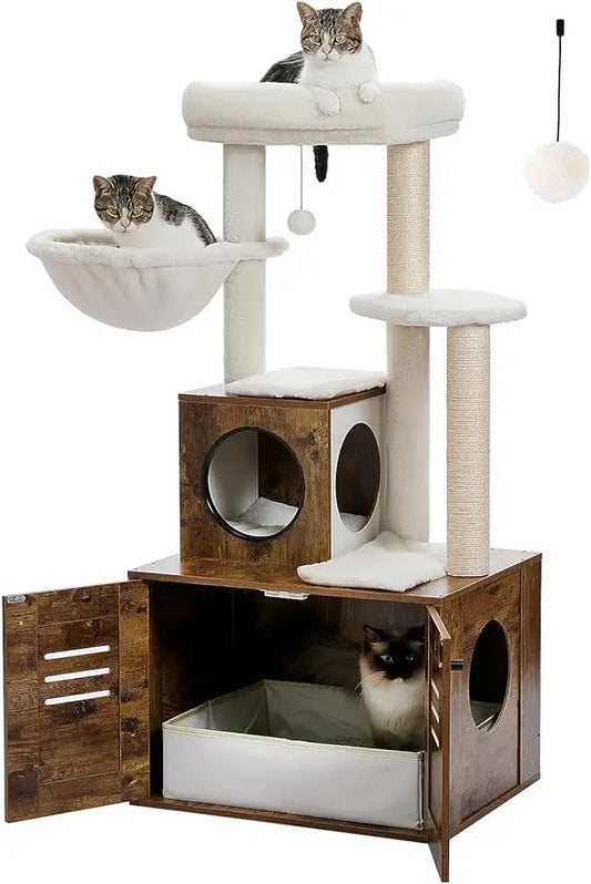 MUTTROS Large Cat Tree with Foldable Litter Box, 50" Rustic Brown, Sturdier and Heavier Than Most Wooden Cat Trees