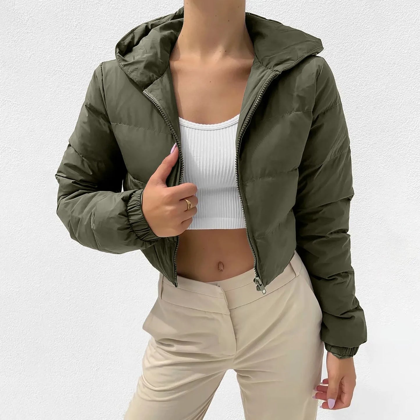 Bubble Puffer Winter Warm Hooded Jacket Women Fashion Y2K Cropped Coats Long Sleeve Outerwear Zipper Casual Parkas Padded Coat