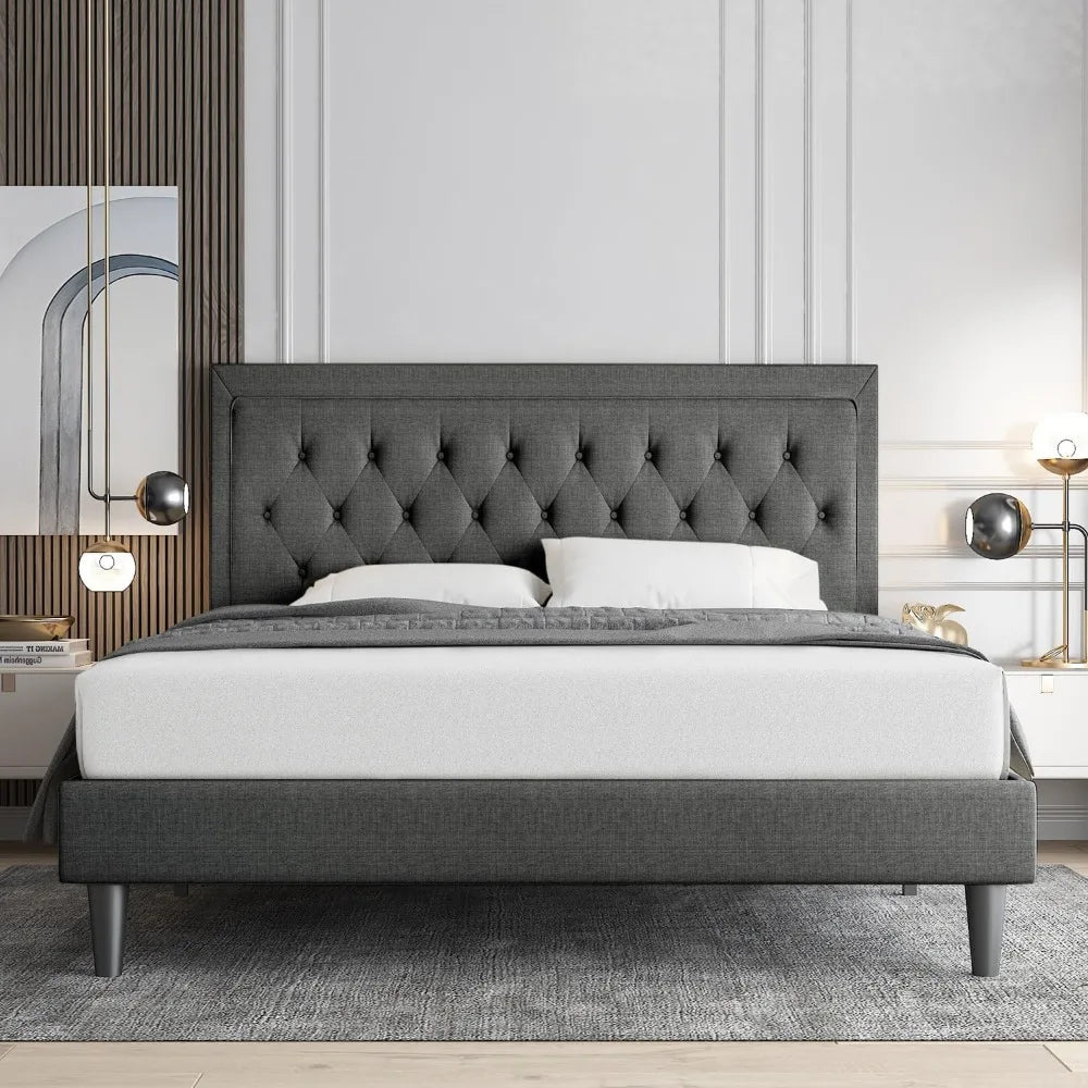 Queen Size Button Tufted Platform Bed Frame/Fabric Upholstered Bed Frame with Adjustable Headboard/Wood Slat