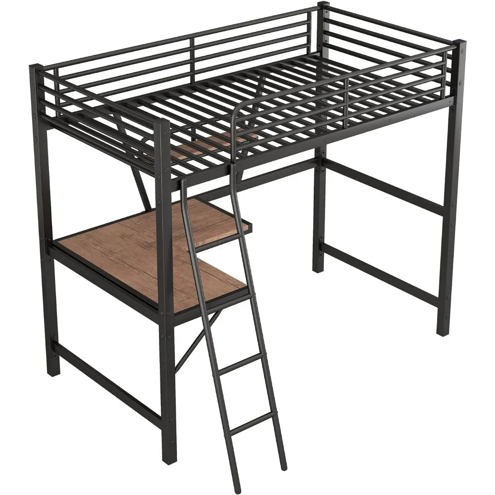 Bed frame with table and frame, steel bed frame, ladder and safety railing, noise free, no need for spring box, double metal bed