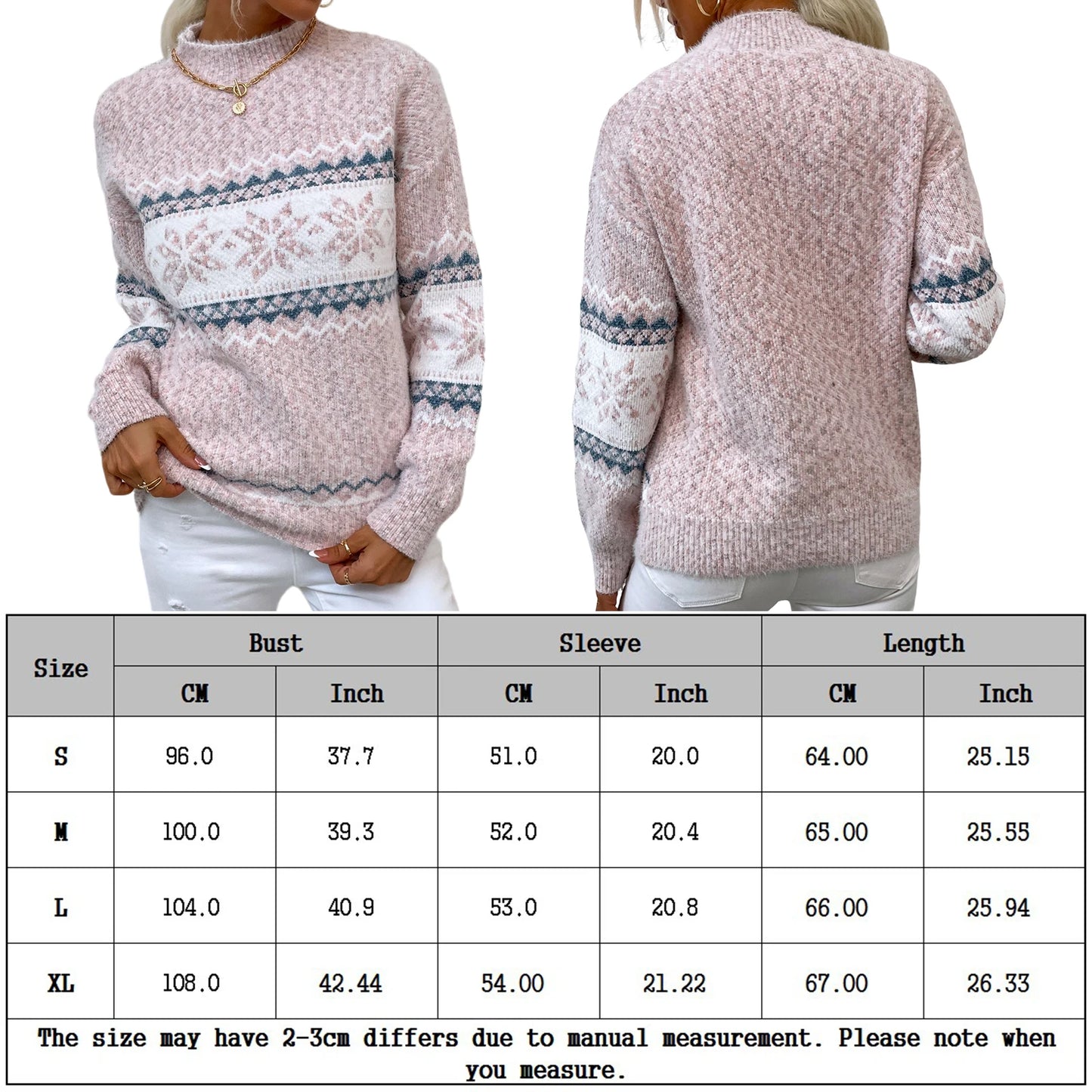 Women Knitwear Sweater Half Turtleneck Snowflake Printed Knitted Top Sweater Loose Fit Christmas Style Casual Vacation Outfit