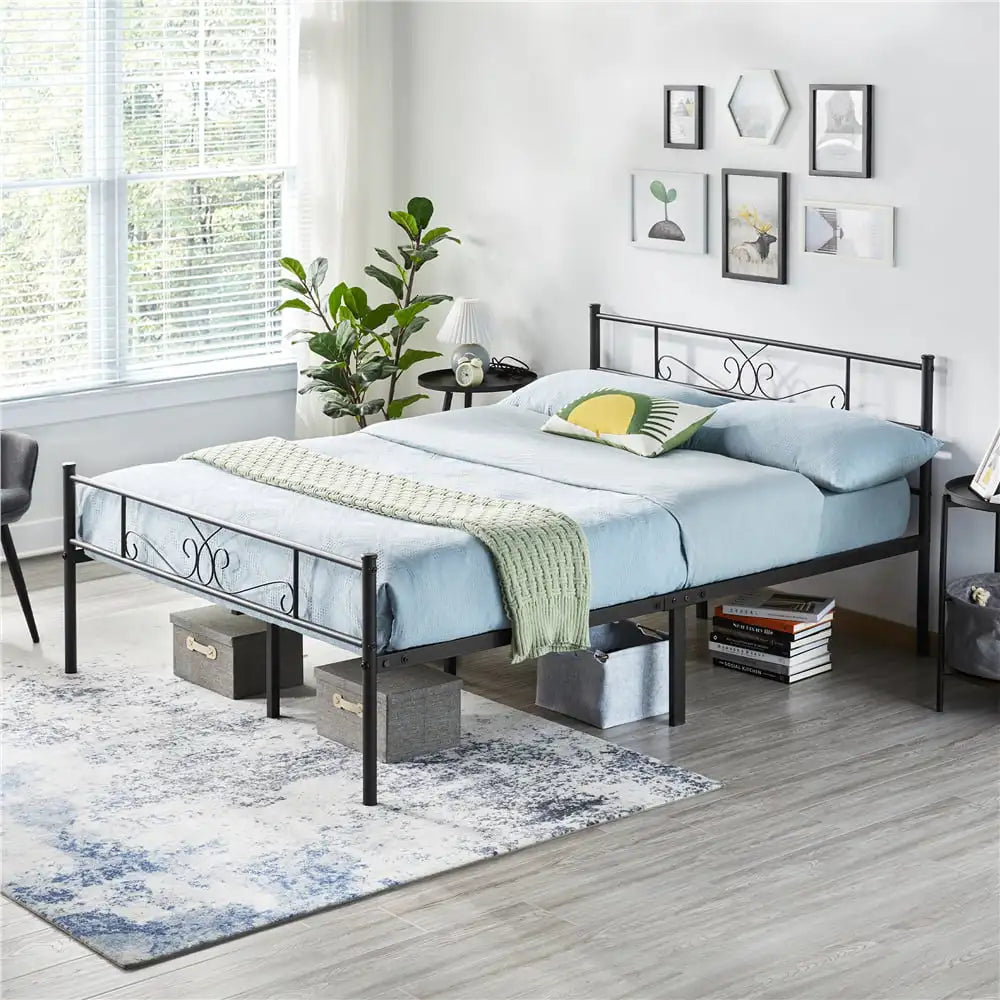 Modern Scroll Metal Platform Queen Bed, Black