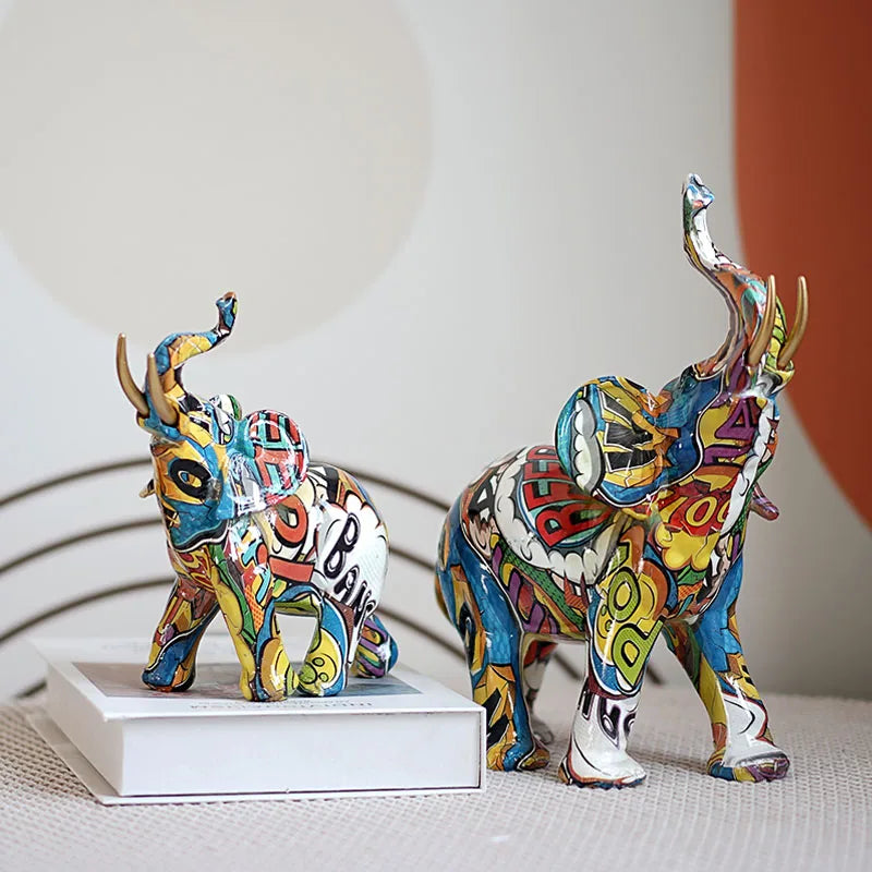 Vilead Graffiti Elephant Sculpture Resin Animal Statue Modern Pop Street Art  Figurines Home Living Room Decoration Interior