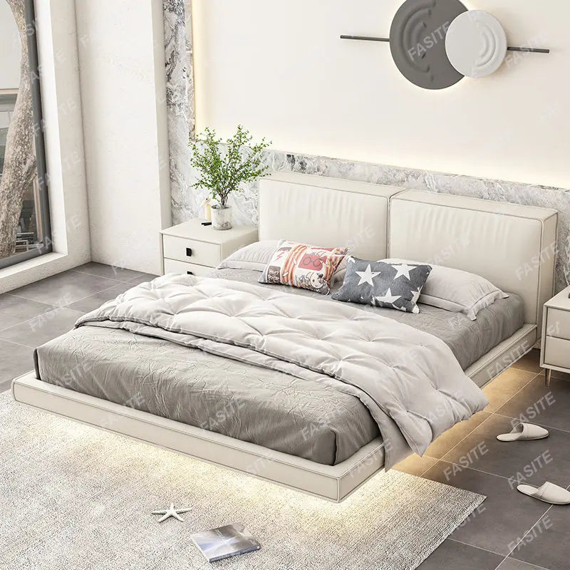 Suspended bed leather bed light luxury modern minimalist simple home furniture double bed frame small apartment