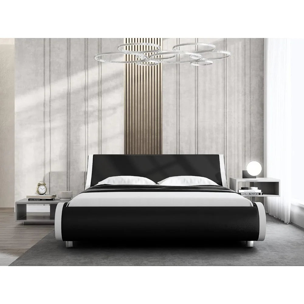 Bed, equipped with synthetic leather headboard, easy to assemble, padded large platform bed frame, modern slim sled bed