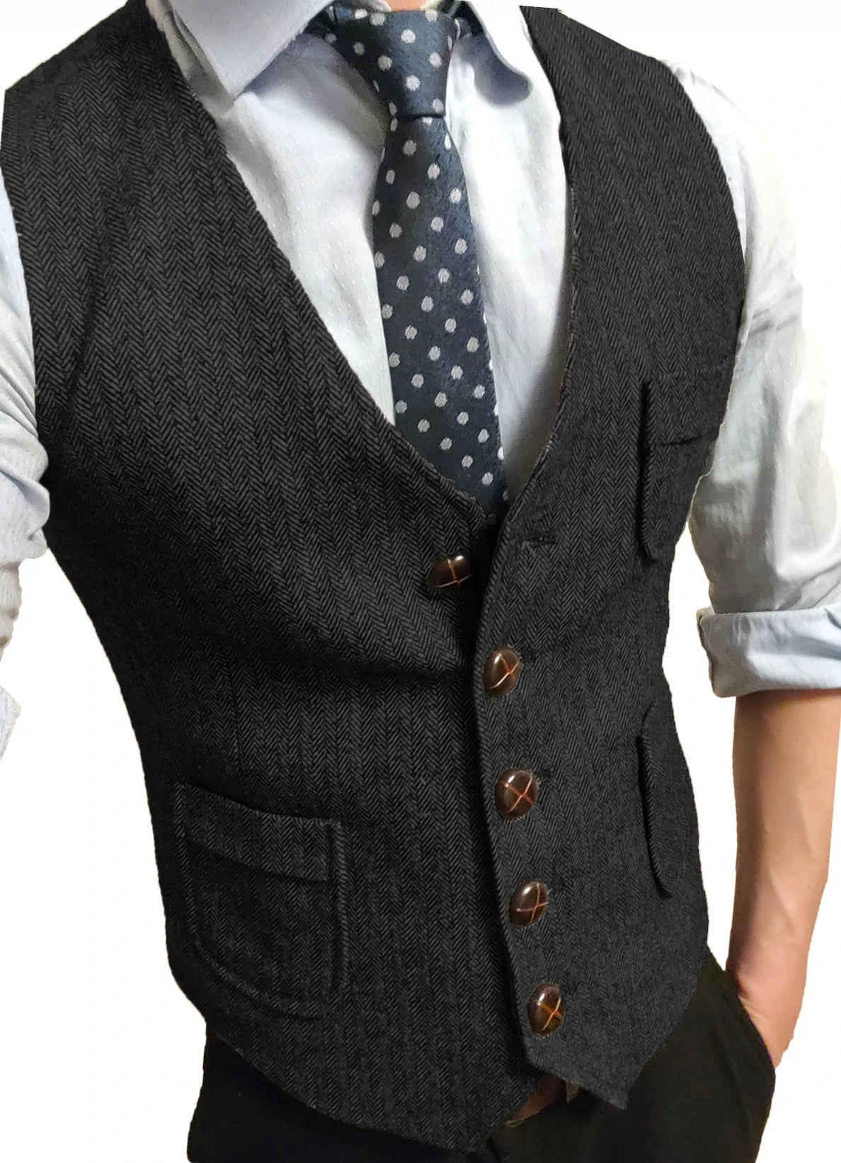 Men's Formal Suit Vest V-Neck Tweed Herringbone Waistcoat Business Dress Suit Vests for Wedding